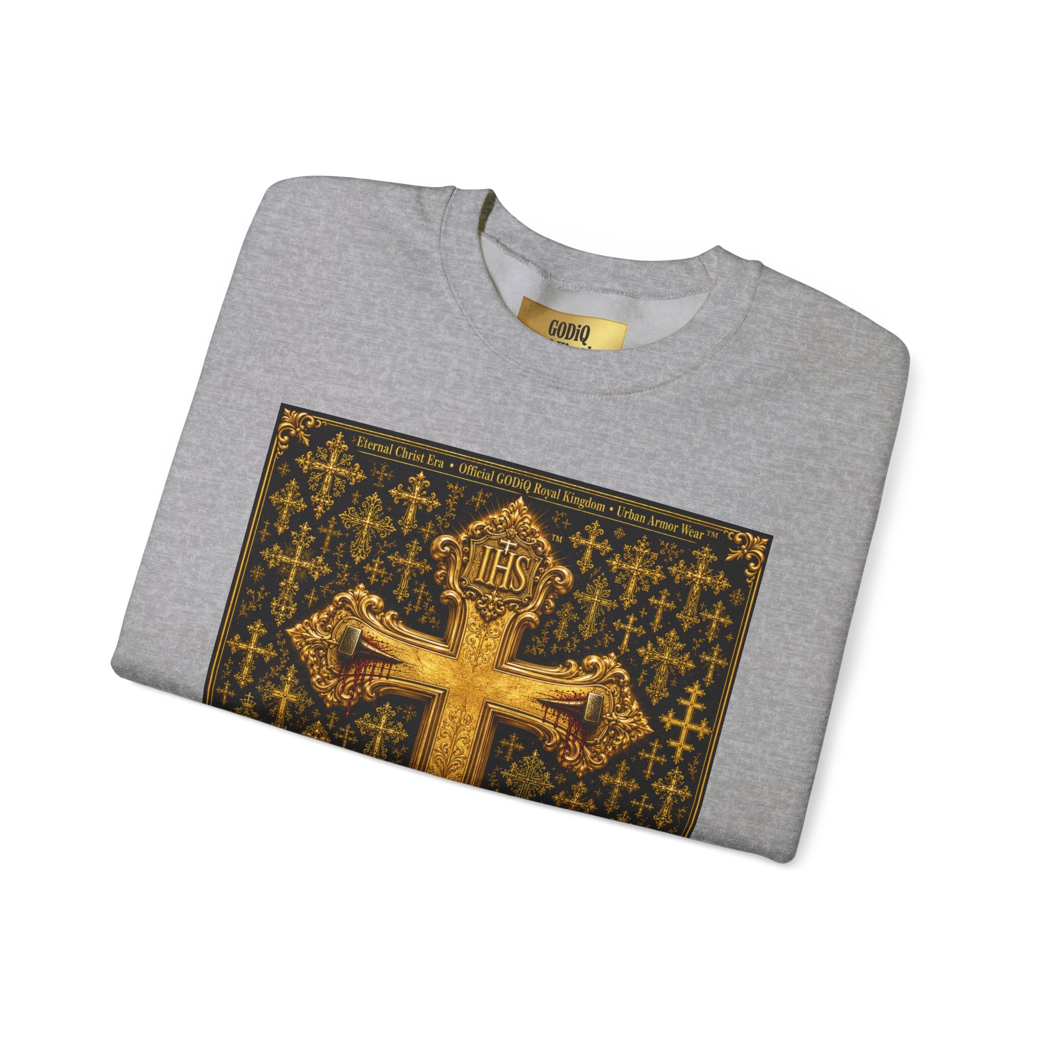 GODiQ Royal Kingdom™ Jesus Christ Died For Our Sins Crewneck Sweatshirt – Luxury 24K Gold Cross Christian Sweatshirt | Premium Faith Graphic Pullover | Religious Streetwear | Urban Armor Wear™