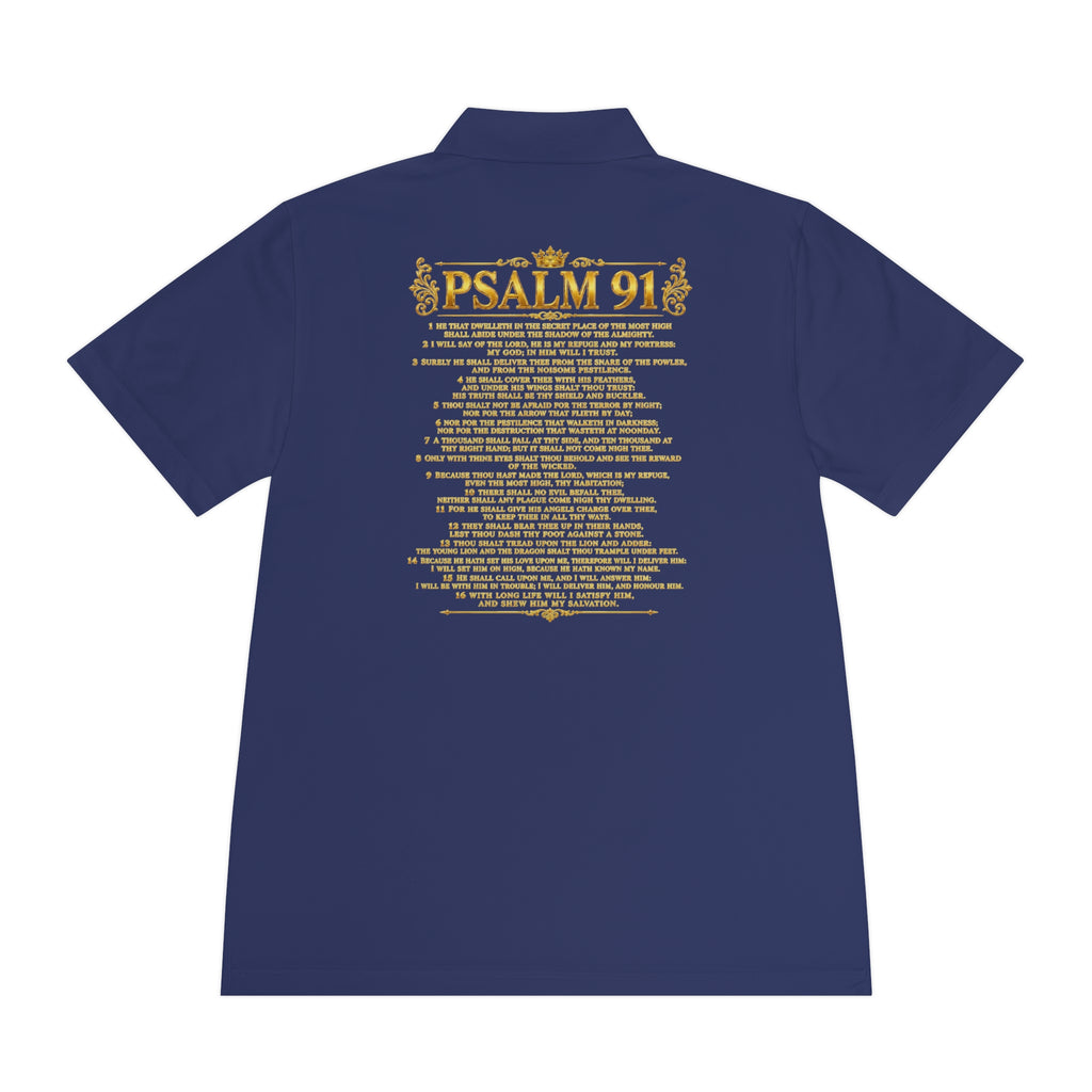 GODiQ Royal Kingdom™ Psalm 91 Men's Performance Polo – Premium Christian Golf Shirt | Luxury Gold Scripture Polo | Moisture-Wicking Faith Apparel