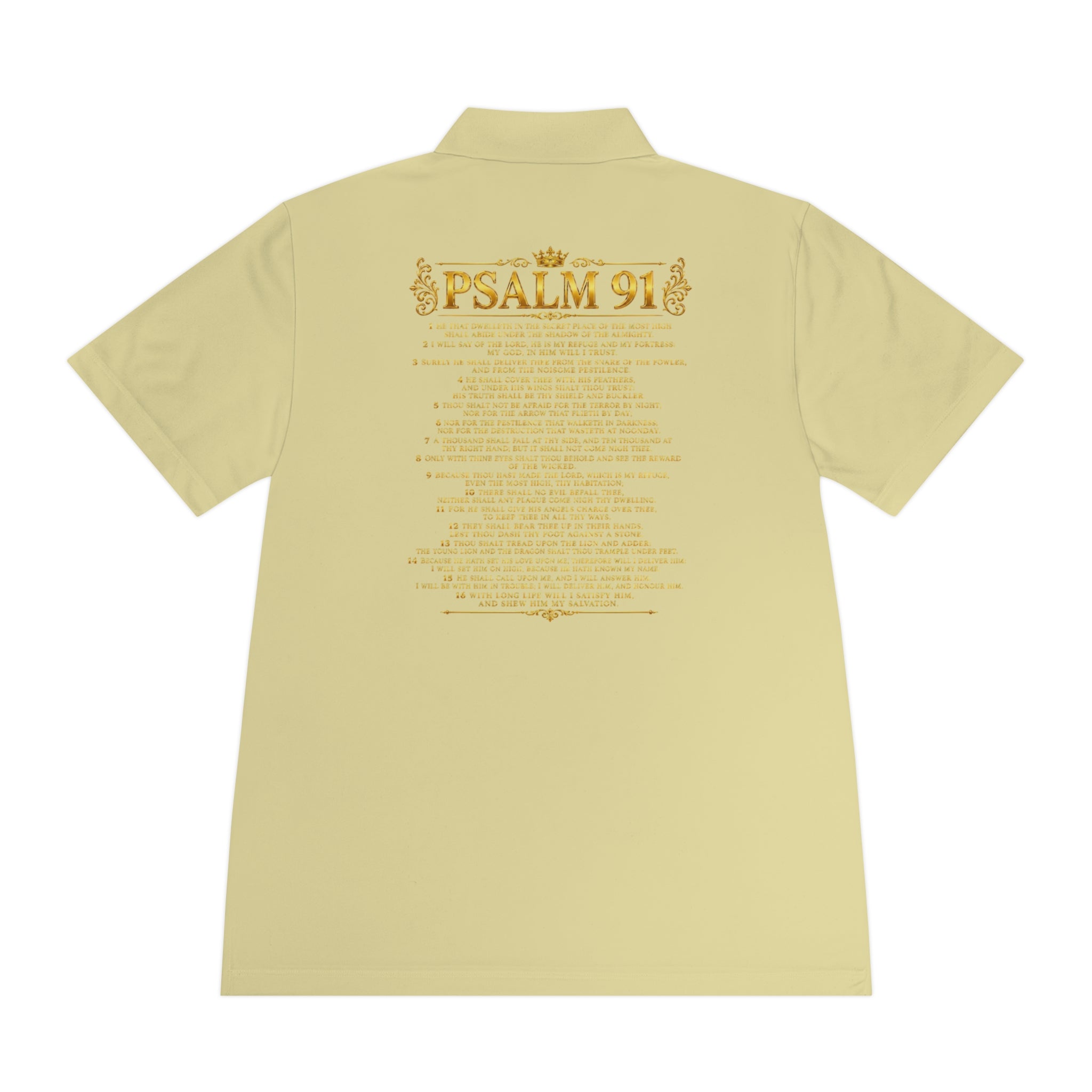 GODiQ Royal Kingdom™ Psalm 91 Men's Performance Polo – Premium Christian Golf Shirt | Luxury Gold Scripture Polo | Moisture-Wicking Faith Apparel