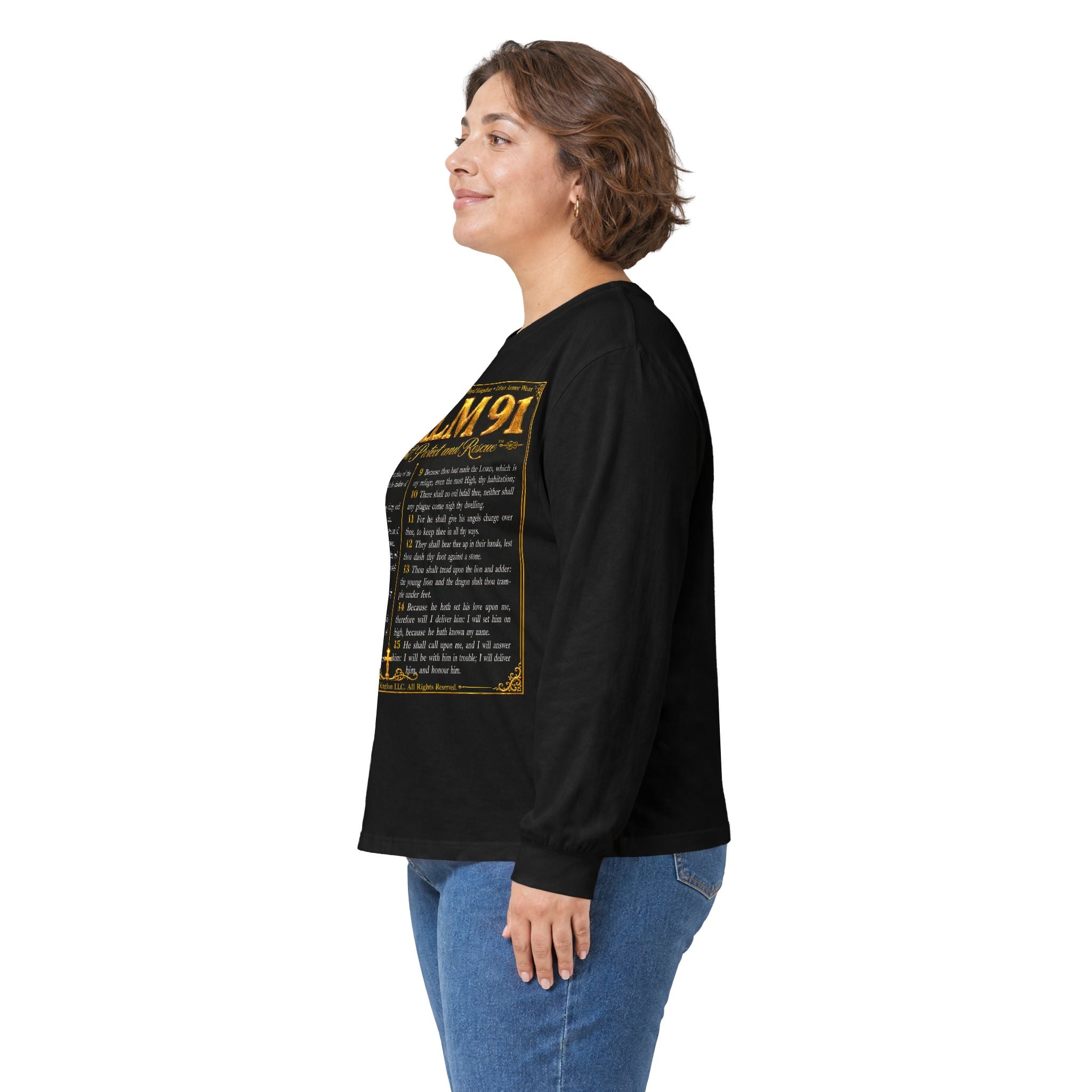 Psalm 91™ Long Sleeve Christian T-Shirt | God's Promise of Divine Protection | Premium Biblical Prayer Shirt | Luxury Faith-Based Scripture Apparel | GODiQ Royal Kingdom™ Urban Armor Wear
