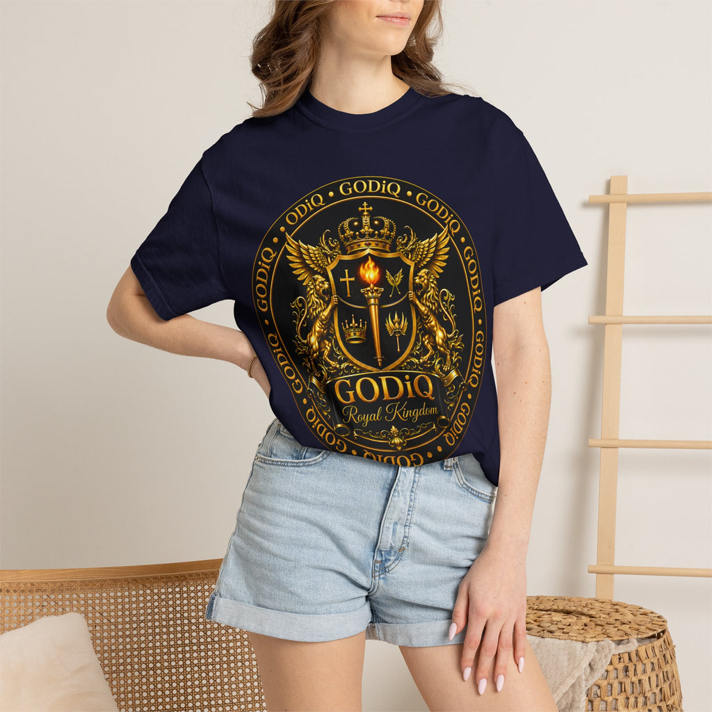 GODiQ Royal Kingdom™ Royal Crest T-Shirt – Luxury Christian Coat of Arms Graphic Tee | Premium Garment-Dyed Faith Apparel | Regal Kingdom Streetwear