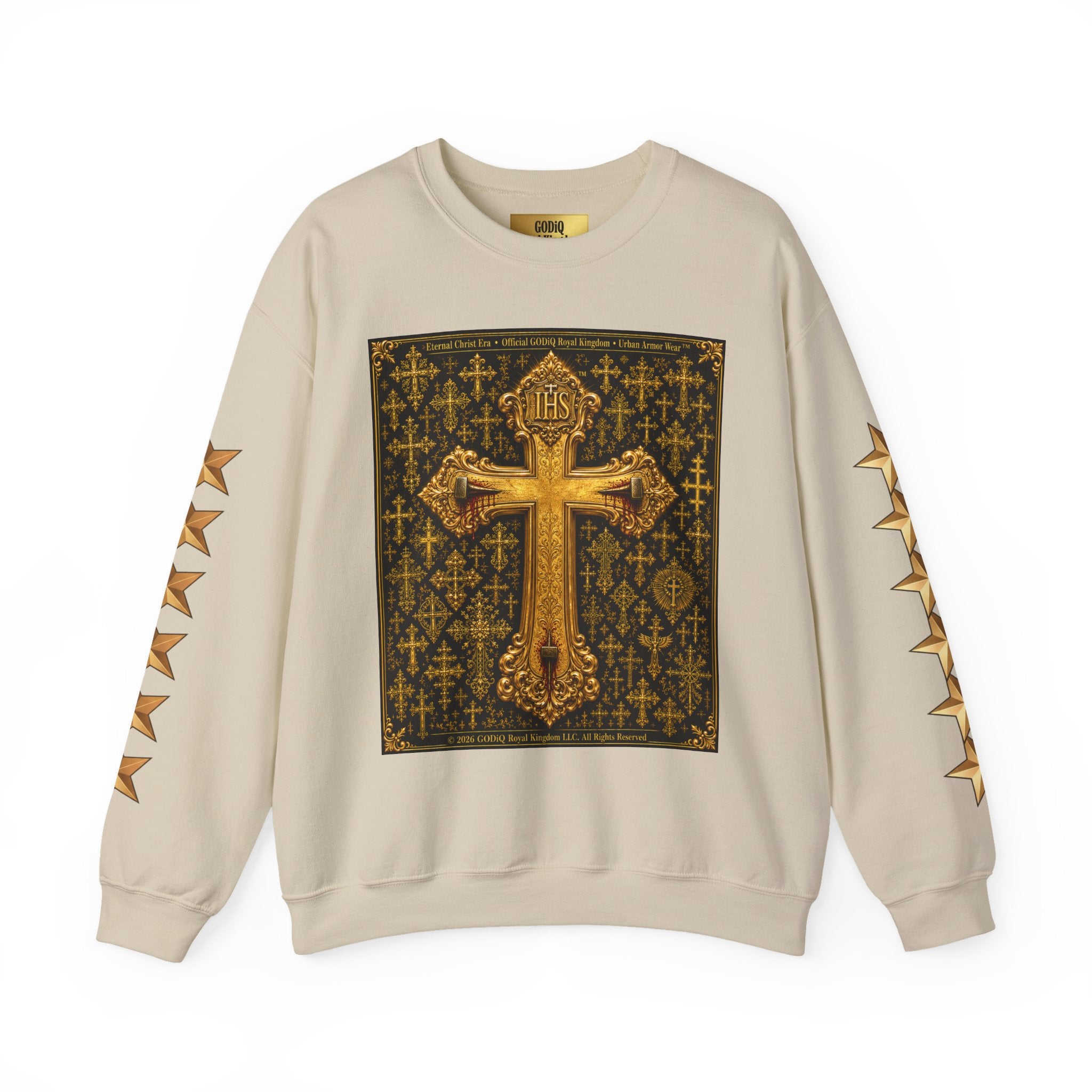 GODiQ Royal Kingdom™ Jesus Christ Died For Our Sins Crewneck Sweatshirt – Luxury 24K Gold Cross Christian Sweatshirt | Premium Faith Graphic Pullover | Religious Streetwear | Urban Armor Wear™