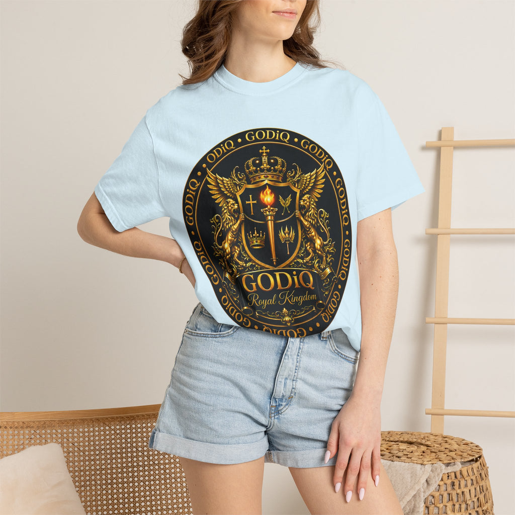 GODiQ Royal Kingdom™ Royal Crest T-Shirt – Luxury Christian Coat of Arms Graphic Tee | Premium Garment-Dyed Faith Apparel | Regal Kingdom Streetwear