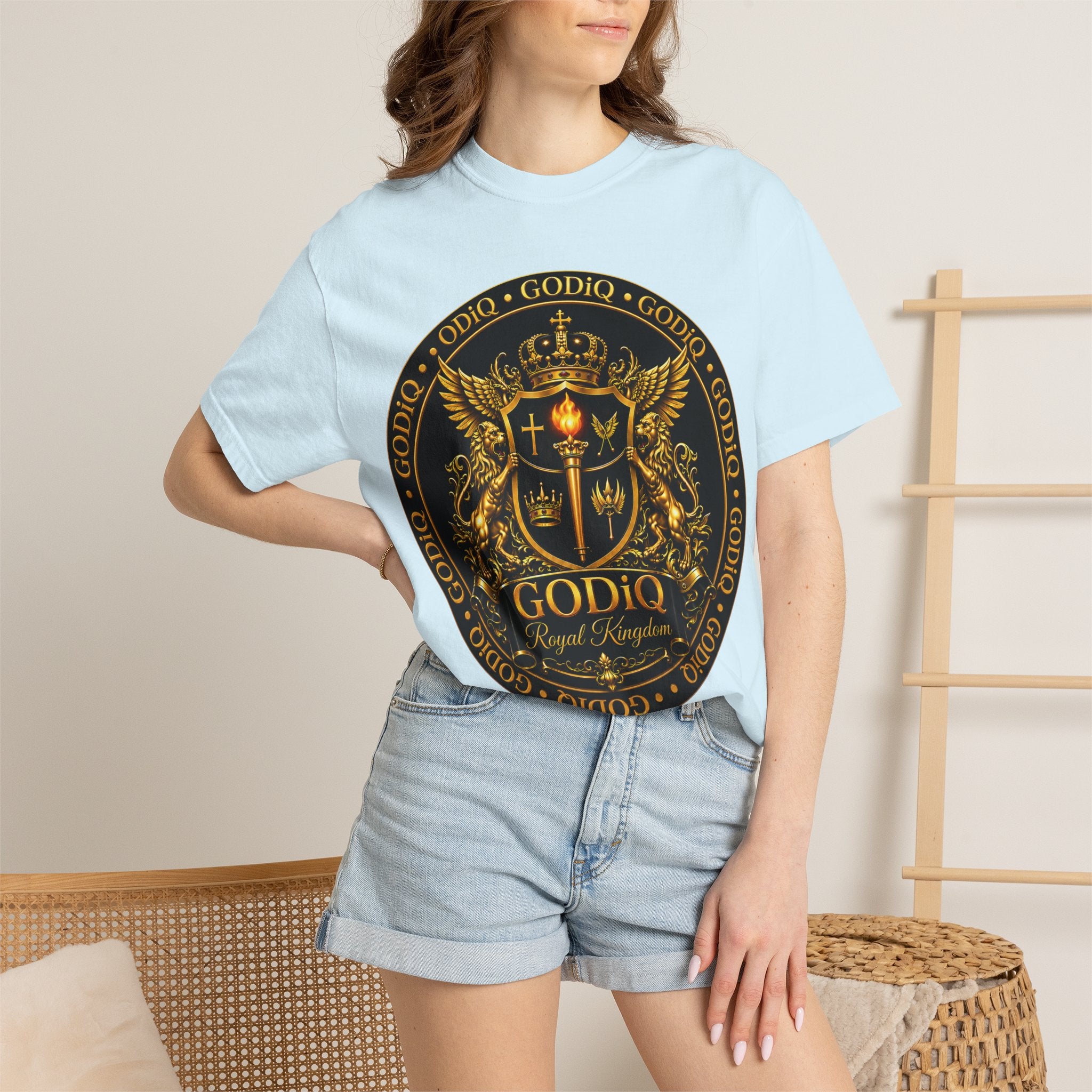 GODiQ Royal Kingdom™ Royal Crest T-Shirt – Luxury Christian Coat of Arms Graphic Tee | Premium Garment-Dyed Faith Apparel | Regal Kingdom Streetwear