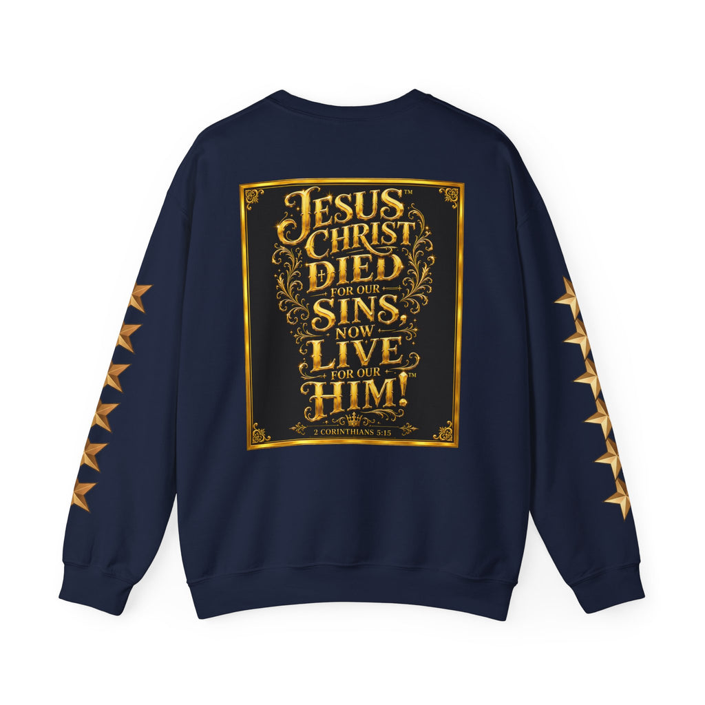 GODiQ Royal Kingdom™ Jesus Christ Died For Our Sins Crewneck Sweatshirt – Luxury 24K Gold Cross Christian Sweatshirt | Premium Faith Graphic Pullover | Religious Streetwear | Urban Armor Wear™