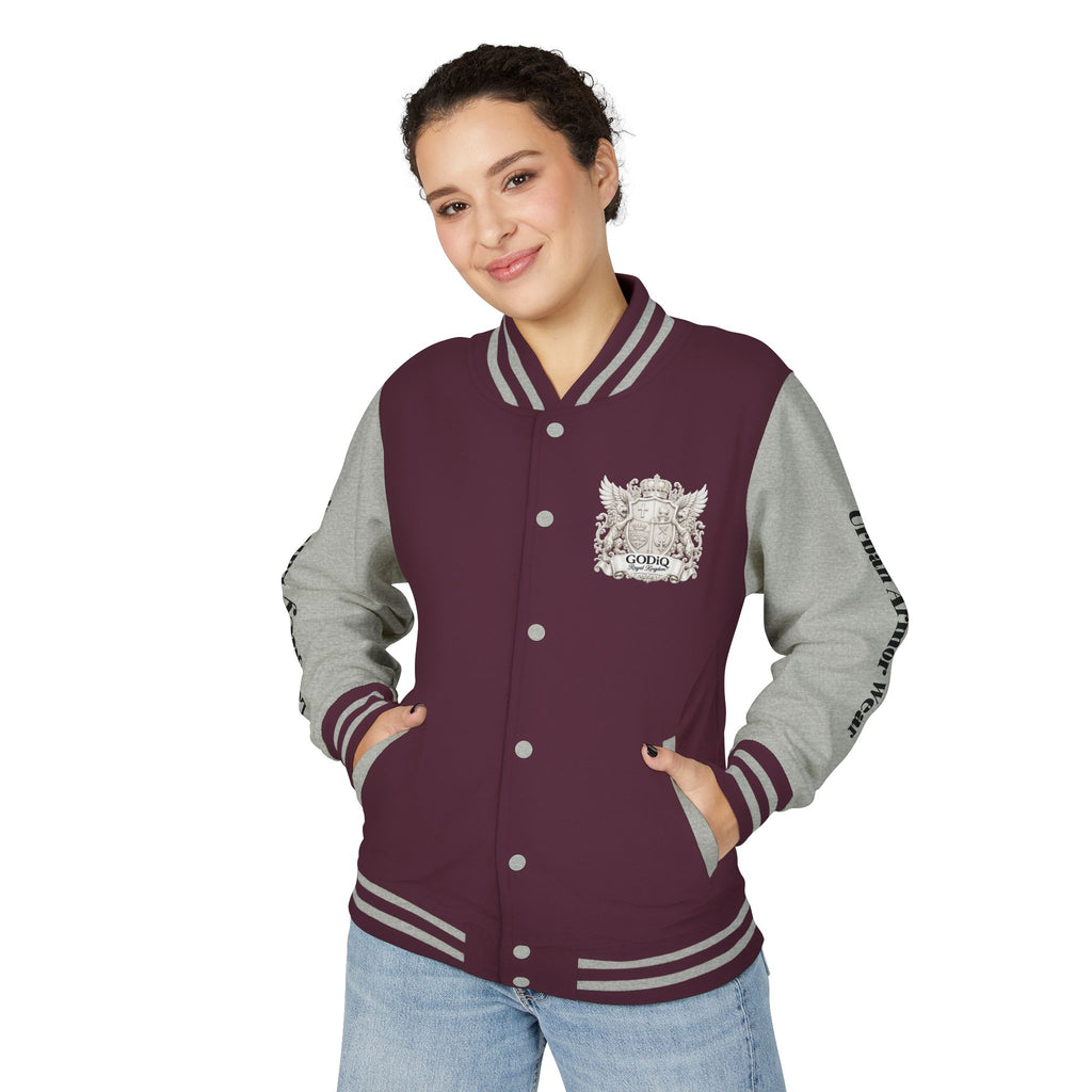 GODiQ Royal Kingdom™ Crest Letterman Jacket – Luxury Christian Varsity Jacket | Premium Heritage Streetwear | Urban Armor Wear™ Collegiate Bomber Coat