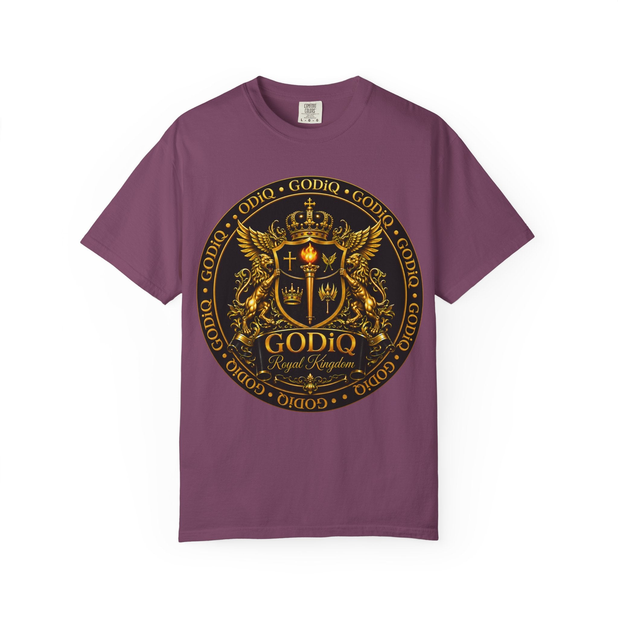 GODiQ Royal Kingdom™ Royal Crest T-Shirt – Luxury Christian Coat of Arms Graphic Tee | Premium Garment-Dyed Faith Apparel | Regal Kingdom Streetwear