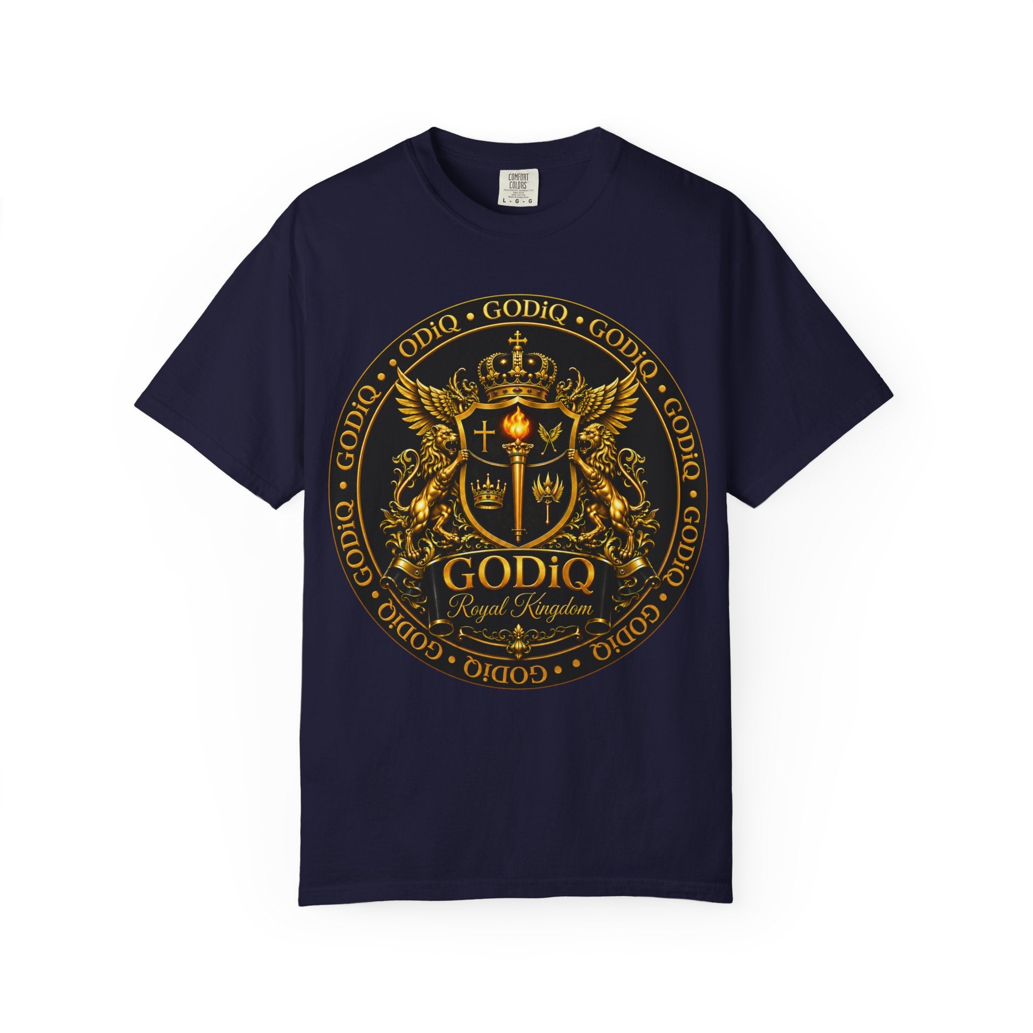 GODiQ Royal Kingdom™ Royal Crest T-Shirt – Luxury Christian Coat of Arms Graphic Tee | Premium Garment-Dyed Faith Apparel | Regal Kingdom Streetwear