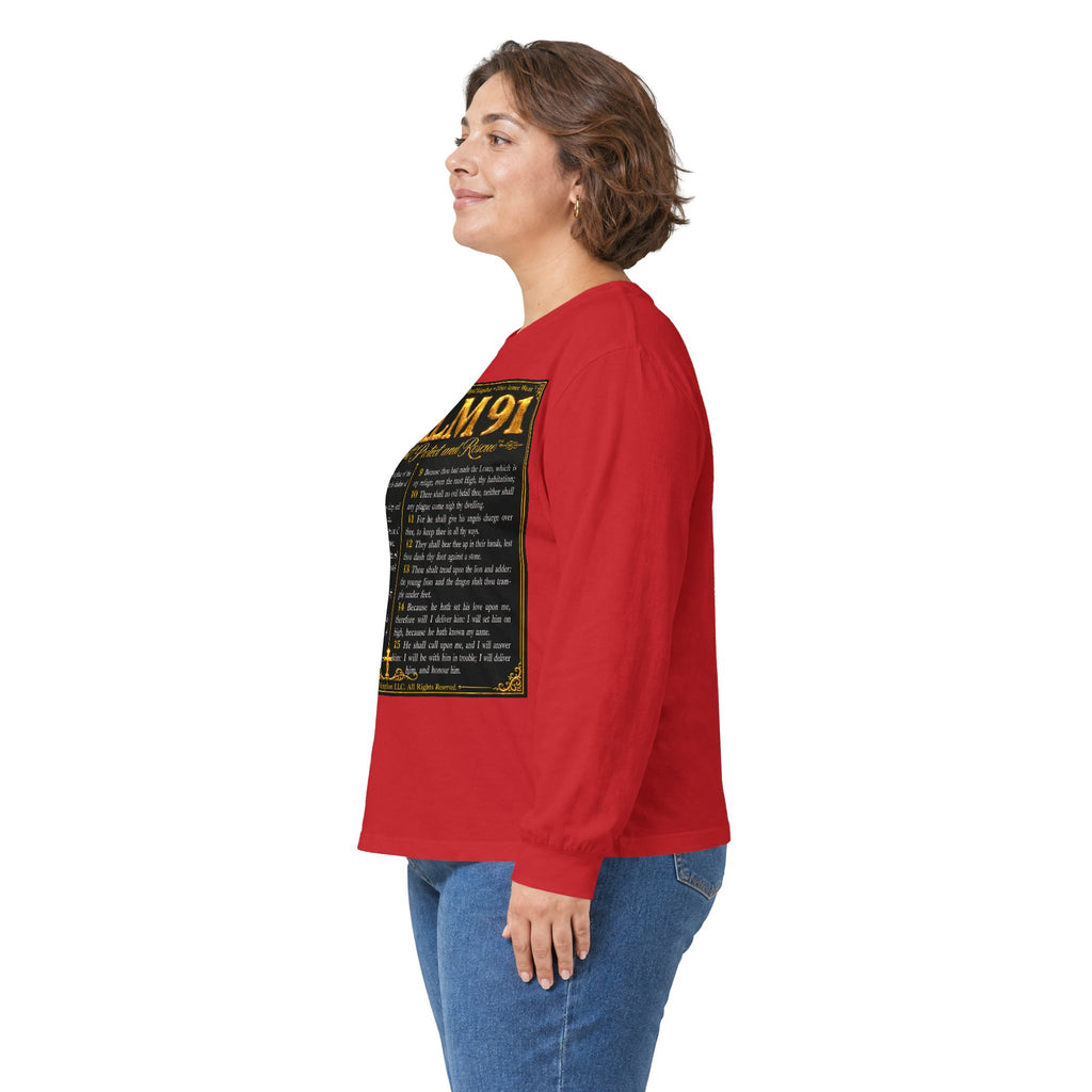 Psalm 91™ Long Sleeve Christian T-Shirt | God's Promise of Divine Protection | Premium Biblical Prayer Shirt | Luxury Faith-Based Scripture Apparel | GODiQ Royal Kingdom™ Urban Armor Wear
