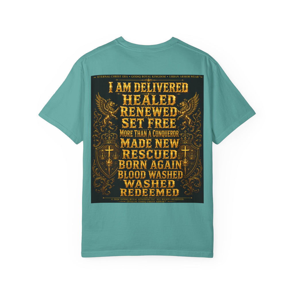 GODiQ Royal Kingdom™ Decree & Declare Christian T-Shirt – Premium Inspirational Faith Tee | "I Am Delivered, Healed, Renewed" Scripture Apparel | Comfort Colors 1717