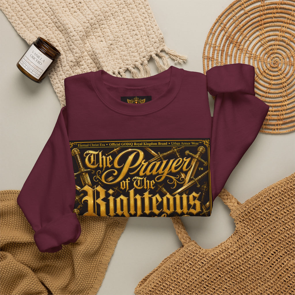 Prayer of the Righteous™ Crewneck Sweatshirt — James 5 Faith Graphic | Luxury Christian Streetwear | GODiQ Royal Kingdom™ Urban Armor Wear™