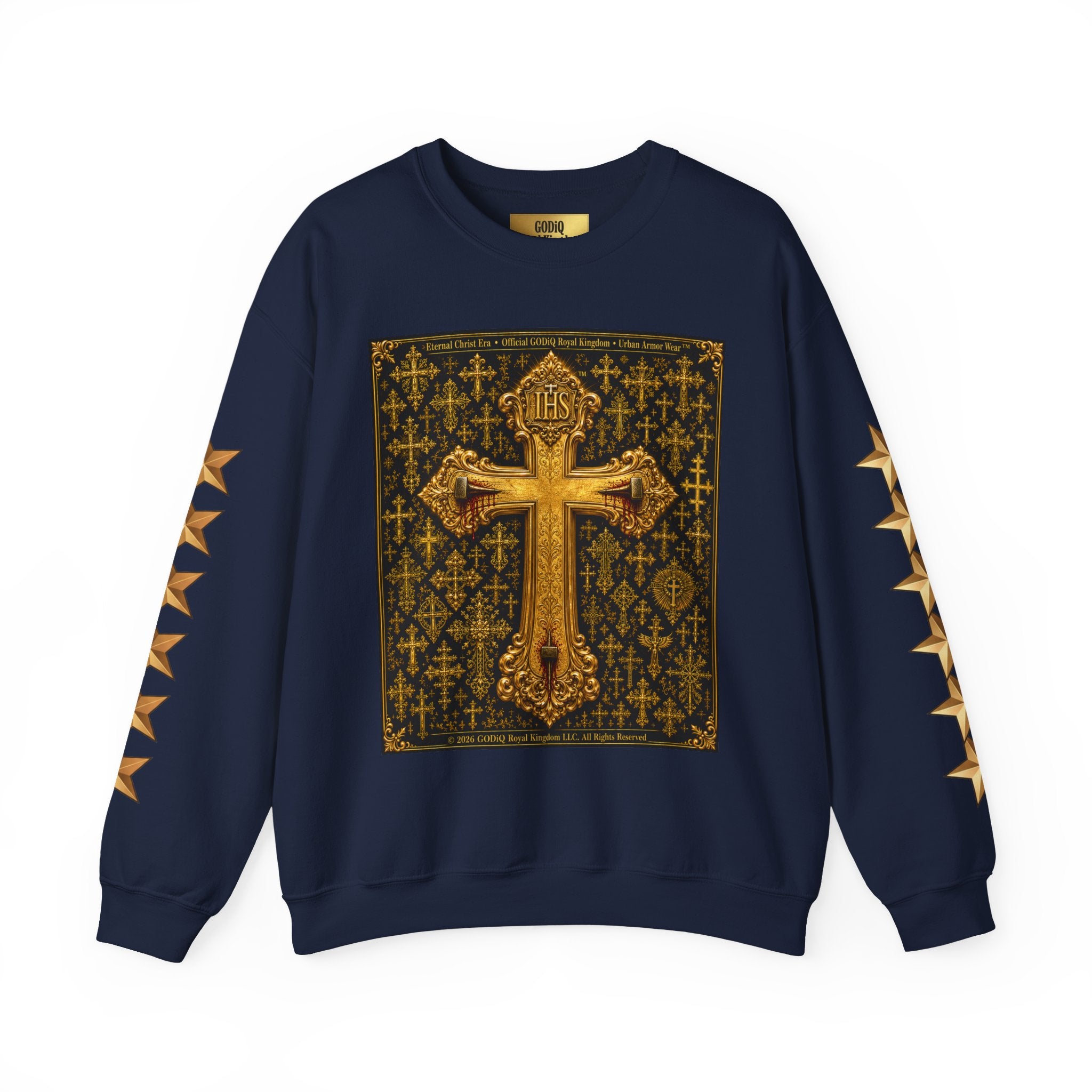GODiQ Royal Kingdom™ Jesus Christ Died For Our Sins Crewneck Sweatshirt – Luxury 24K Gold Cross Christian Sweatshirt | Premium Faith Graphic Pullover | Religious Streetwear | Urban Armor Wear™