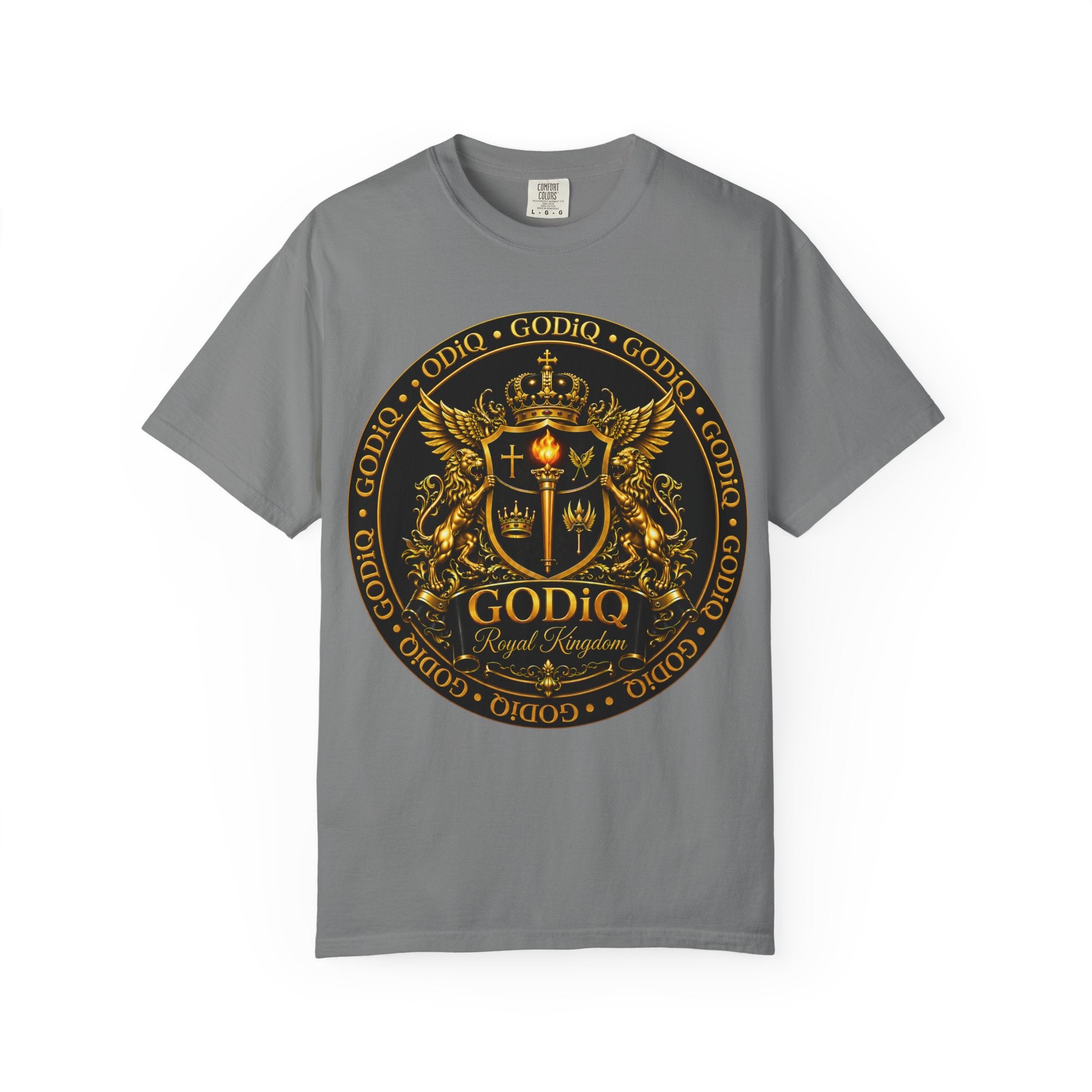 GODiQ Royal Kingdom™ Royal Crest T-Shirt – Luxury Christian Coat of Arms Graphic Tee | Premium Garment-Dyed Faith Apparel | Regal Kingdom Streetwear