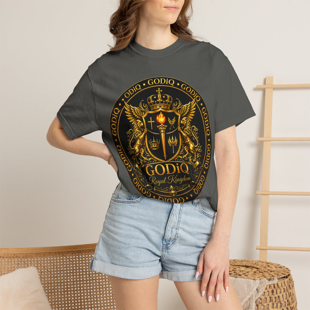 GODiQ Royal Kingdom™ Royal Crest T-Shirt – Luxury Christian Coat of Arms Graphic Tee | Premium Garment-Dyed Faith Apparel | Regal Kingdom Streetwear