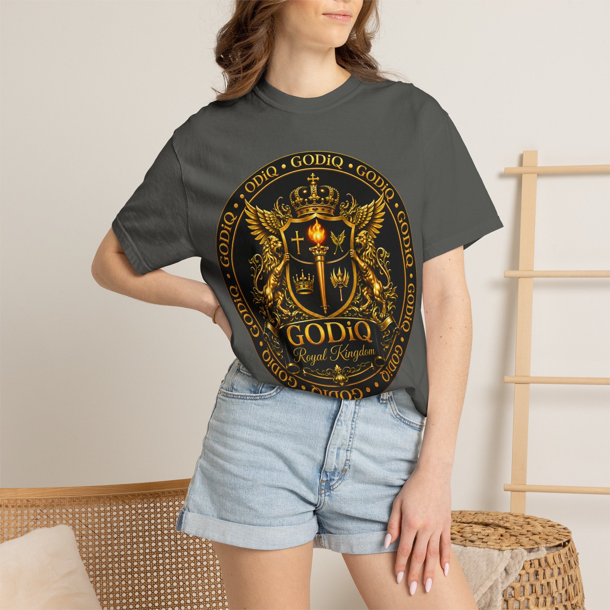 GODiQ Royal Kingdom™ Royal Crest T-Shirt – Luxury Christian Coat of Arms Graphic Tee | Premium Garment-Dyed Faith Apparel | Regal Kingdom Streetwear