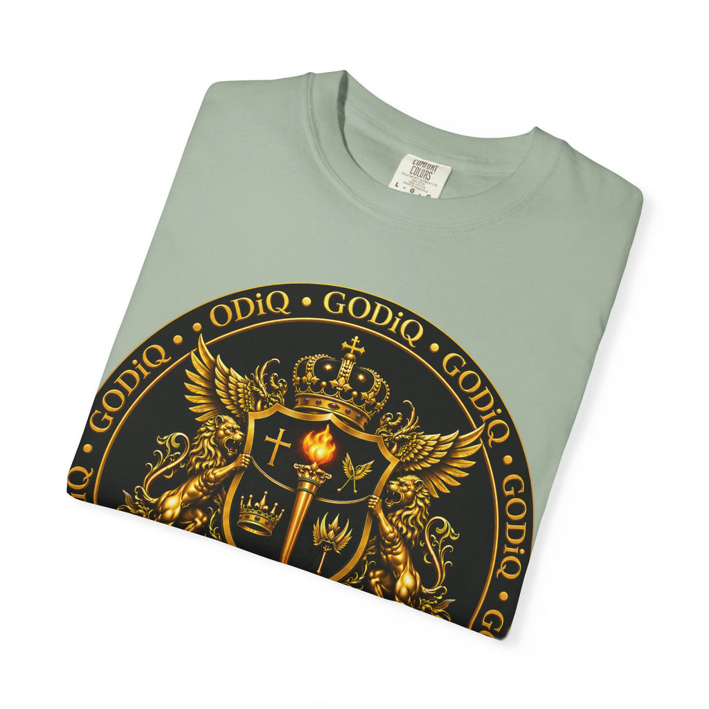 GODiQ Royal Kingdom™ Royal Crest T-Shirt – Luxury Christian Coat of Arms Graphic Tee | Premium Garment-Dyed Faith Apparel | Regal Kingdom Streetwear