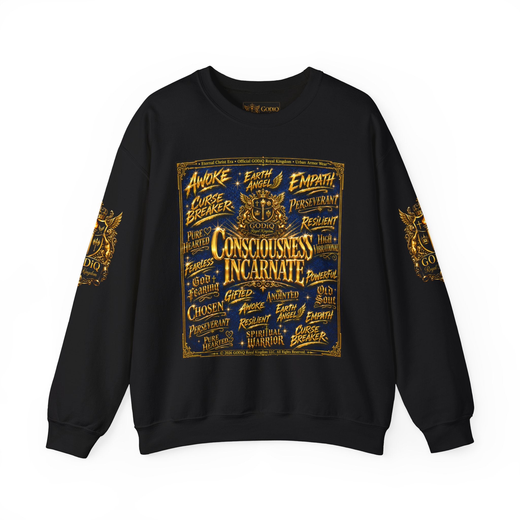 Consciousness Incarnate™ Crewneck Sweatshirt – Luxury Christian Graphic Sweatshirt | "Awake For All Eternity" Premium Kingdom Apparel | GODiQ Royal Kingdom™ Urban Armor Wear