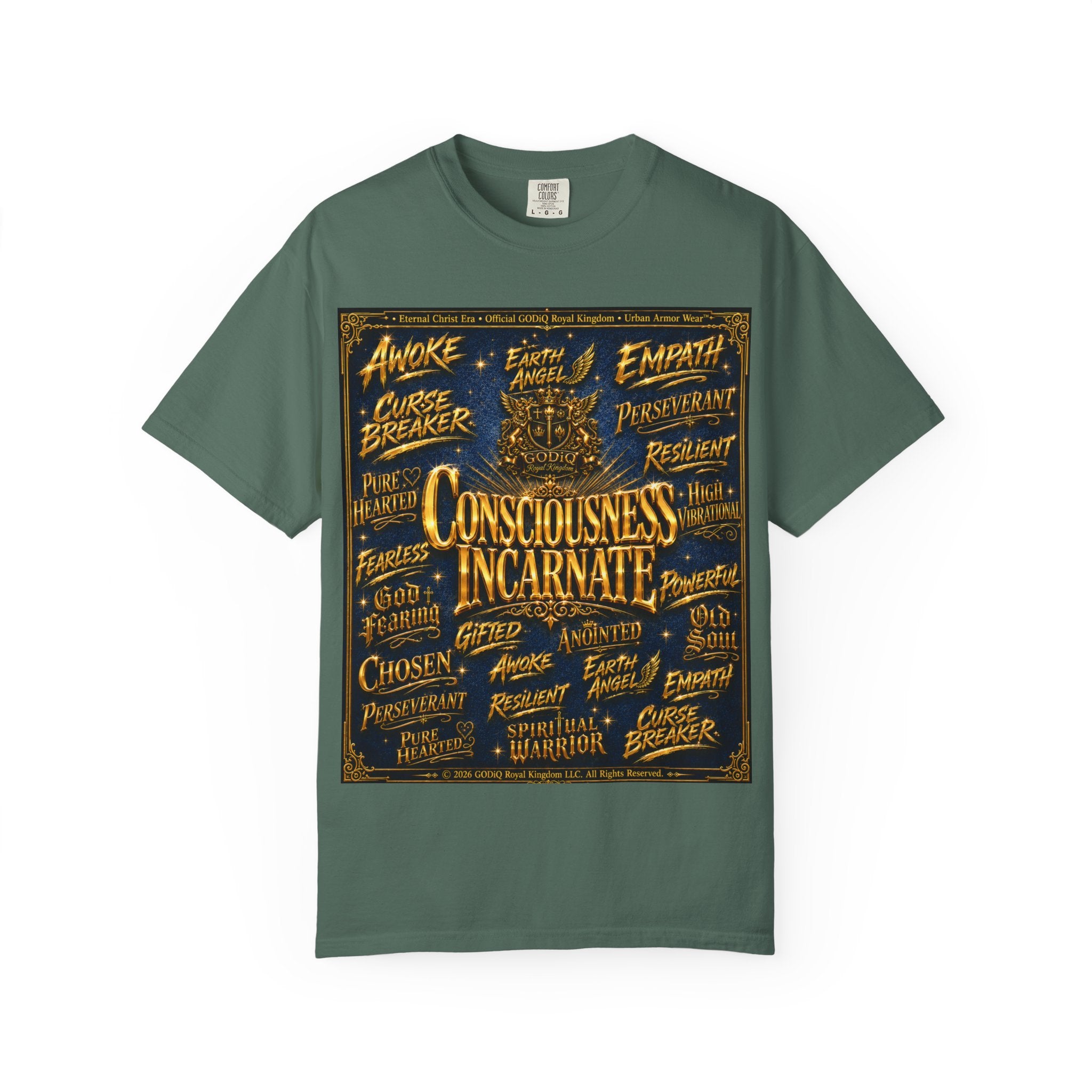 GODiQ Consciousness Incarnate™ Christian Graphic T-Shirt – Luxury Garment-Dyed Faith Apparel | "Awake For All Eternity!" Premium Heavyweight Tee | GODiQ Royal Kingdom™ Urban Armor Wear