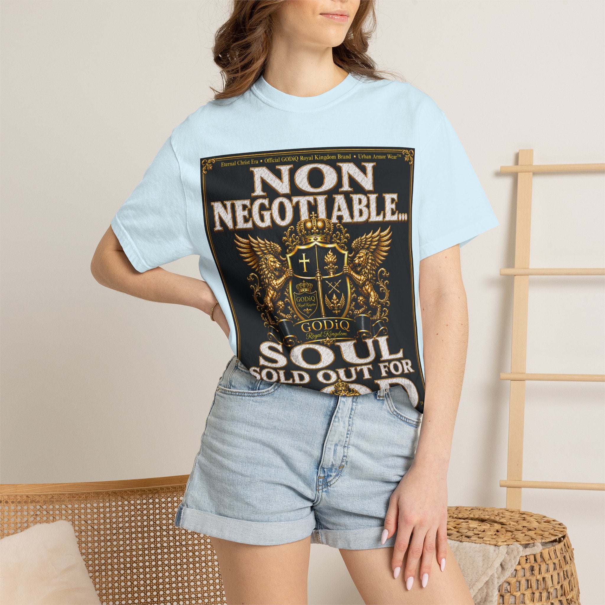GODiQ™ Royal Kingdom Urban Armor Wear™ "NON NEGOTIABLE™: SOUL SOLD OUT FOR GOD™" Luxury Christian Graphic T-Shirt | Premium Faith Apparel | 24K Gold Heraldic Kingdom Statement Tee