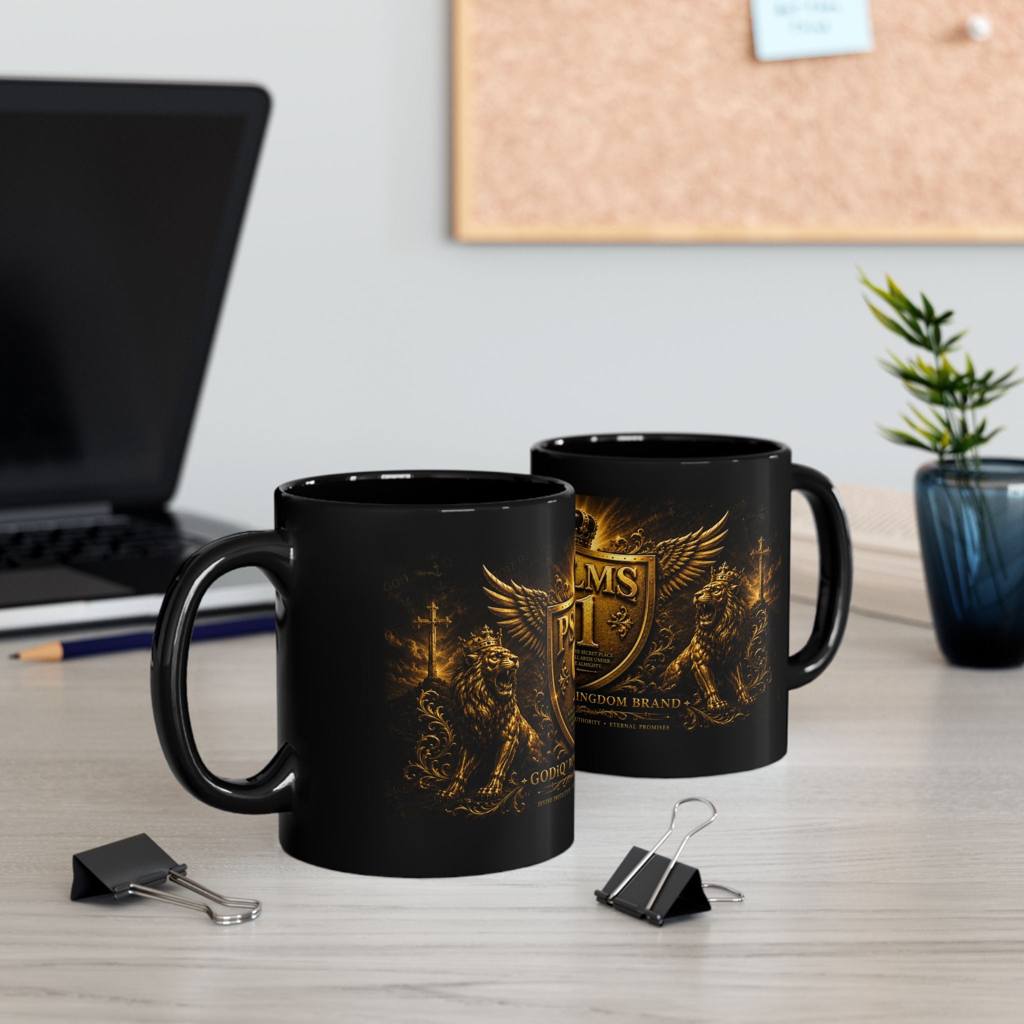 Psalms 91 Black Ceramic Mug – Religious Shield & Lion Design, Christian Coffee Cup (11oz/15oz)