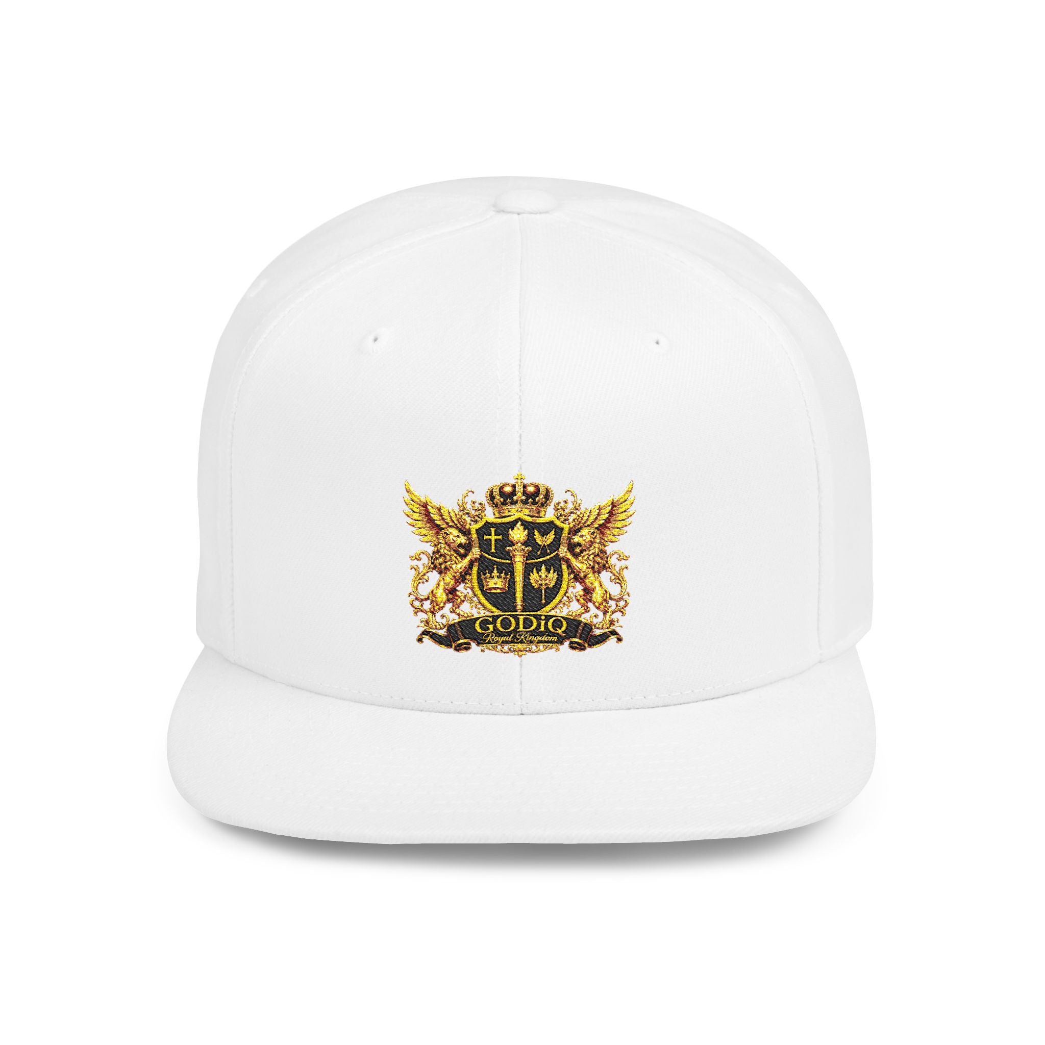 GODiQ Royal Kingdom™ Gold Crest Flat Bill Snapback Hat – Premium Embroidered Christian Heraldic Cap | Luxury Faith-Inspired Streetwear | Urban Armor™ Collection